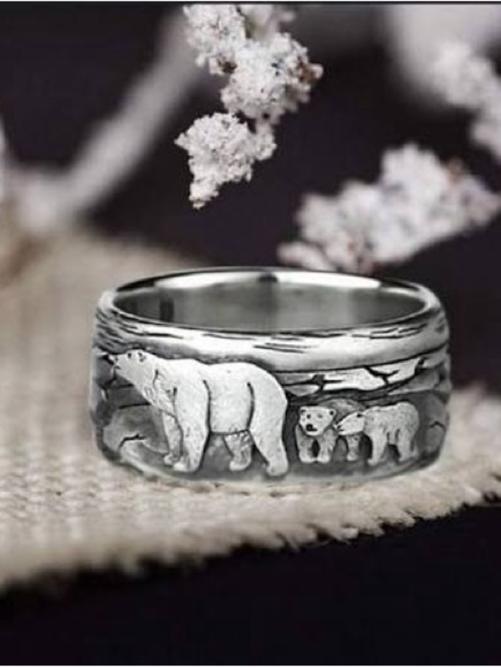 Sterling Silver Polar Bear Family Band - Women's Silver Ring
